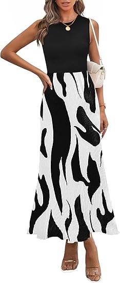 Womens Spring 2025 Graphic Print A Line Pleated Work Midi Dresses for Women Casual Plisse Long Dress