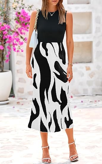 Womens Spring 2025 Graphic Print A Line Pleated Work Midi Dresses for Women Casual Plisse Long Dress